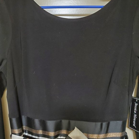 Women Jessica Howard 10 Cocktail Dress Black w/Striped Skirt Belt Beautiful NWT - Picture 2 of 10